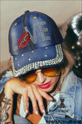 Ashleigh blue rhinestone embellished love lip denim baseball cap - ashleigh blue / one size / 100% polyester - hats &