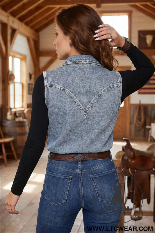 Ashleigh Blue Solid Denim Button Front Pocket Sleeveless Cowboy Vest