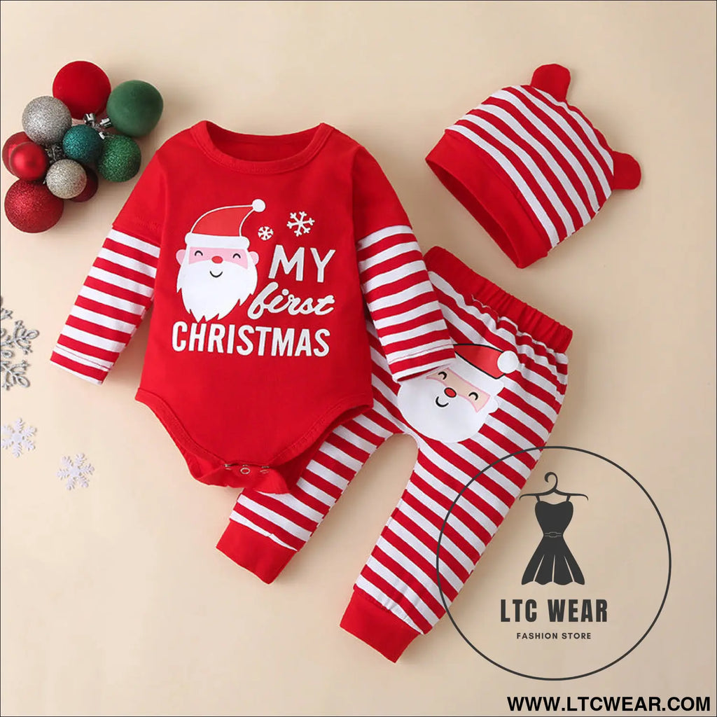 Autumn baby children’s christmas long-sleeved three-piece suit new striped pants detachable hat romper suit
