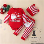 Autumn baby children’s christmas long-sleeved three-piece suit new striped pants detachable hat romper suit