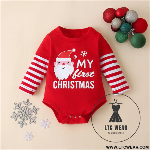 Autumn baby children’s christmas long-sleeved three-piece suit new striped pants detachable hat romper suit