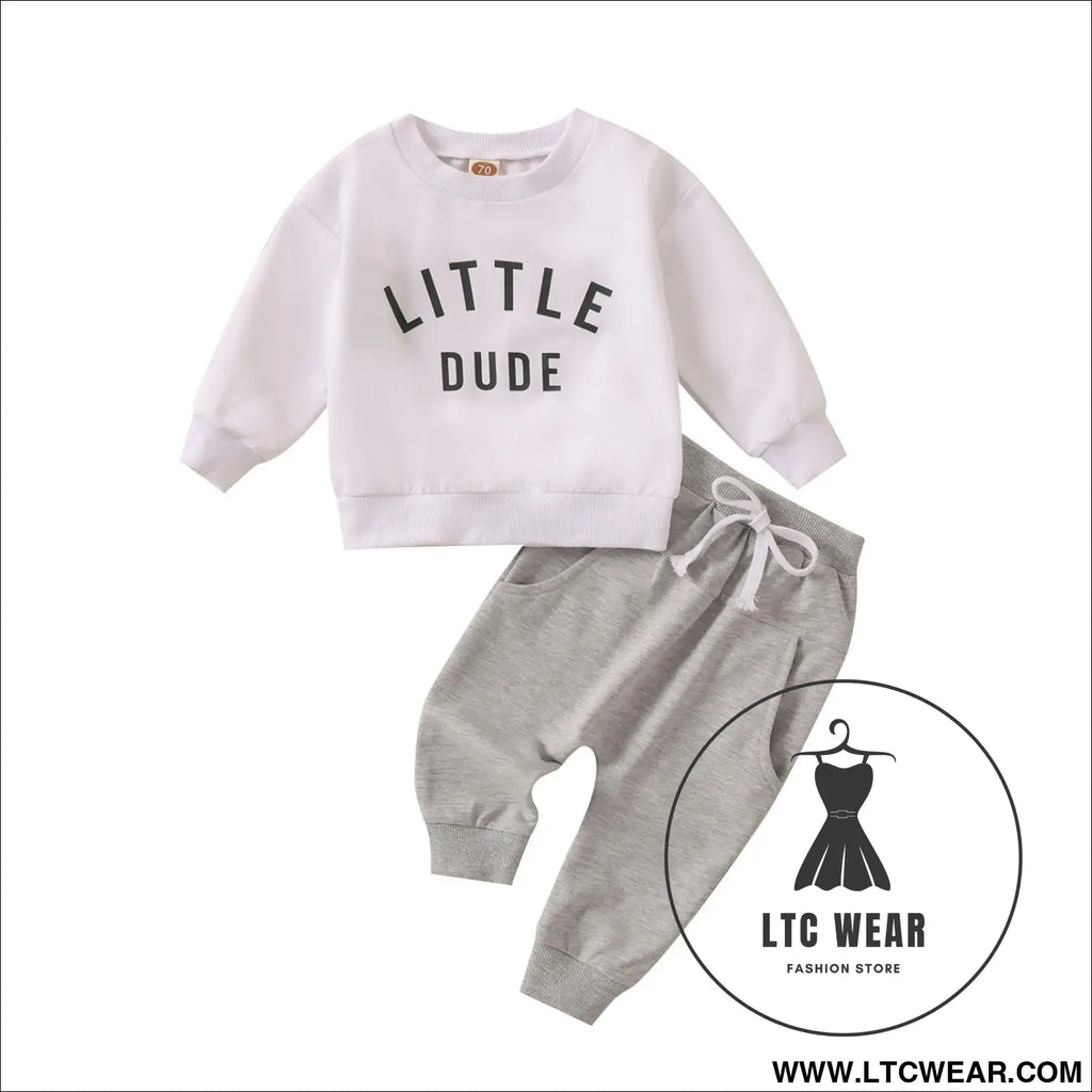 Autumn new boys’ letter printed long sleeve ha yi sports minimalist long pants two piece set - white / 70cm