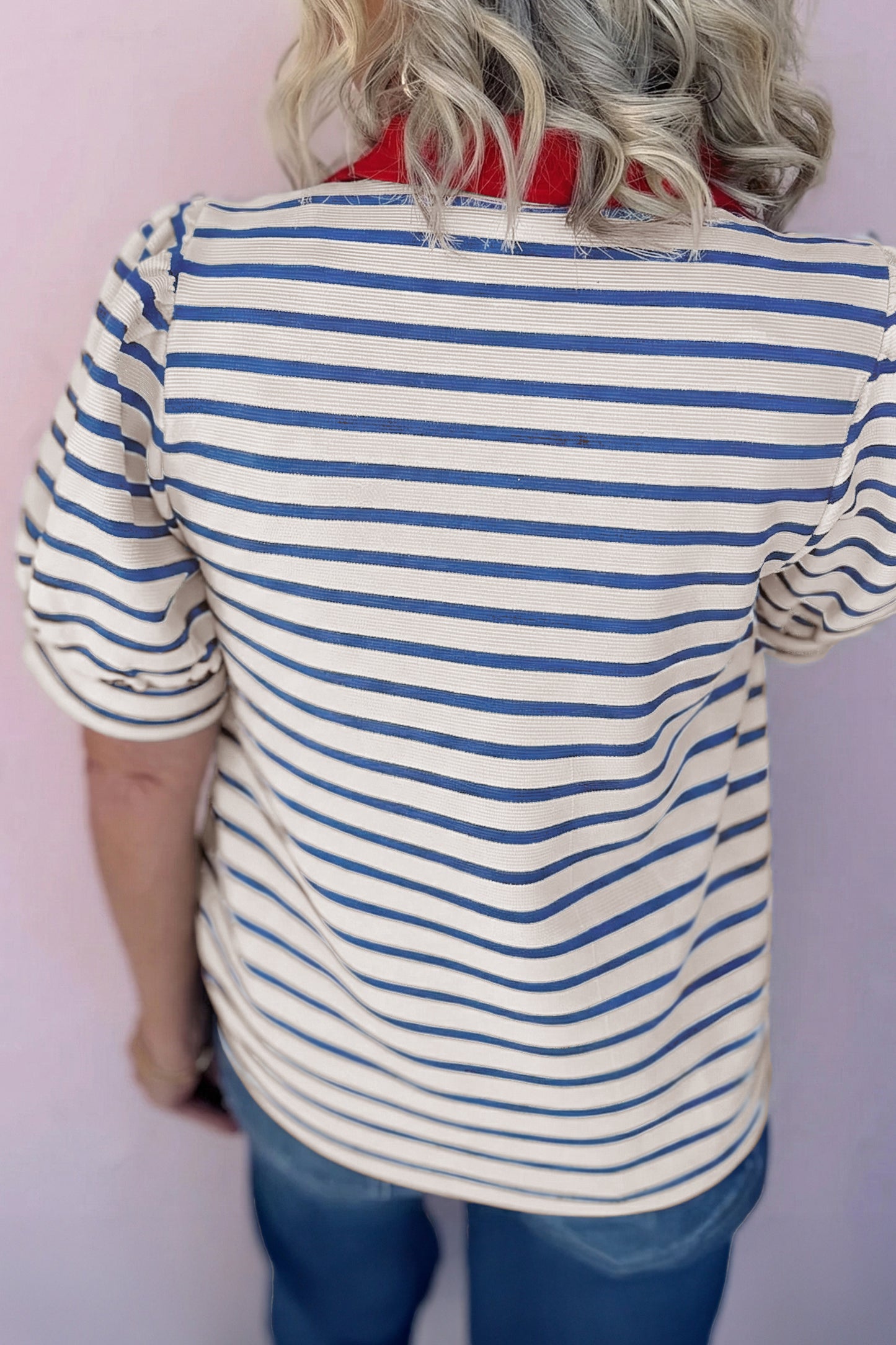 Blue Stripe Short Puff Sleeve Color Block Polo Collar Blouse