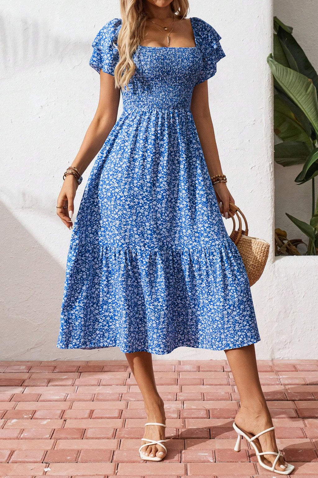Blue Ditsy Floral Print Smocked Square Neck Ruffle Short Sleeve Dress