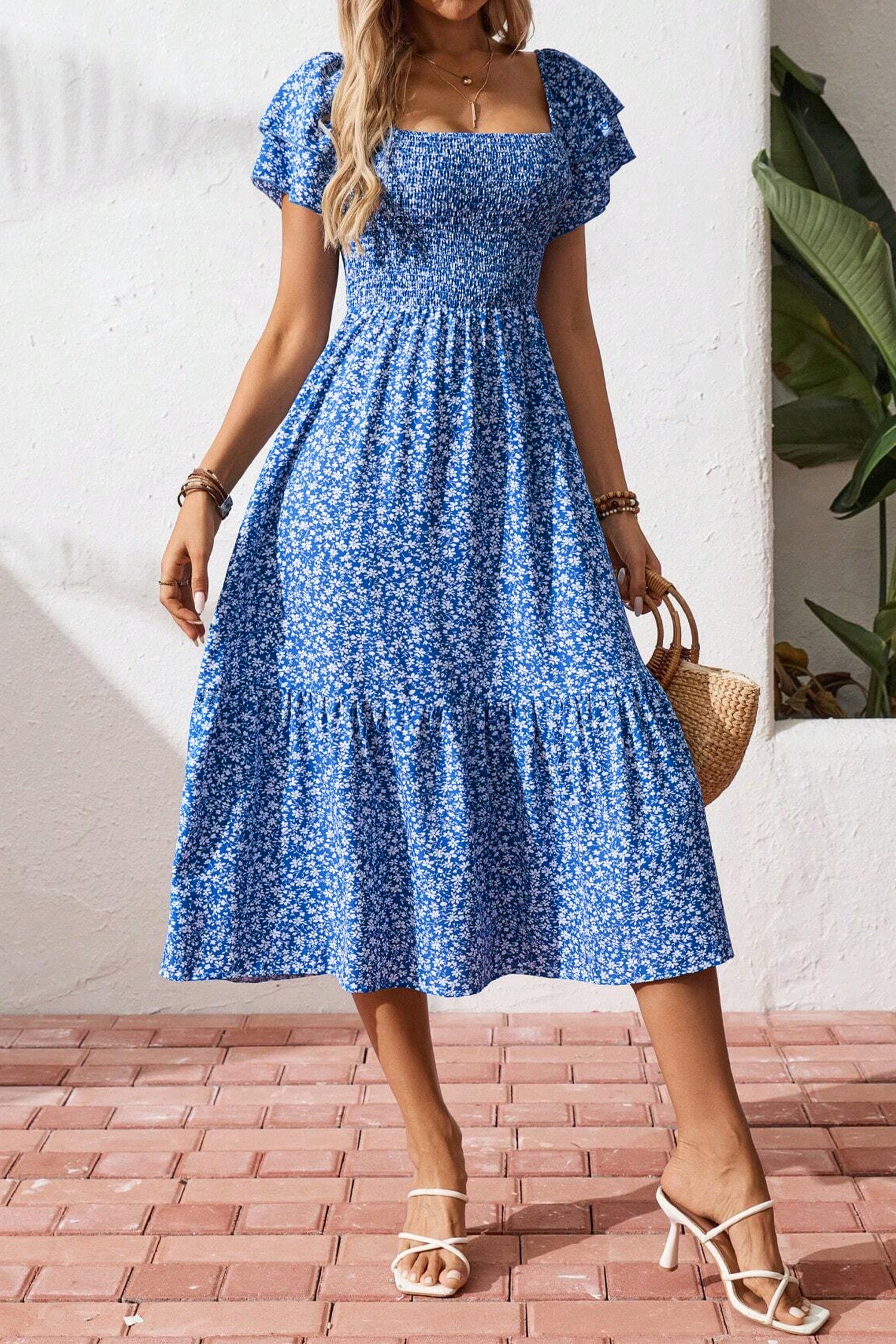 Blue Ditsy Floral Print Smocked Square Neck Ruffle Short Sleeve Dress