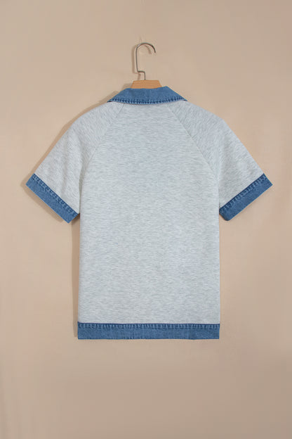 Light Grey Denim Contrast Collar Cuffed Short Sleeve Top