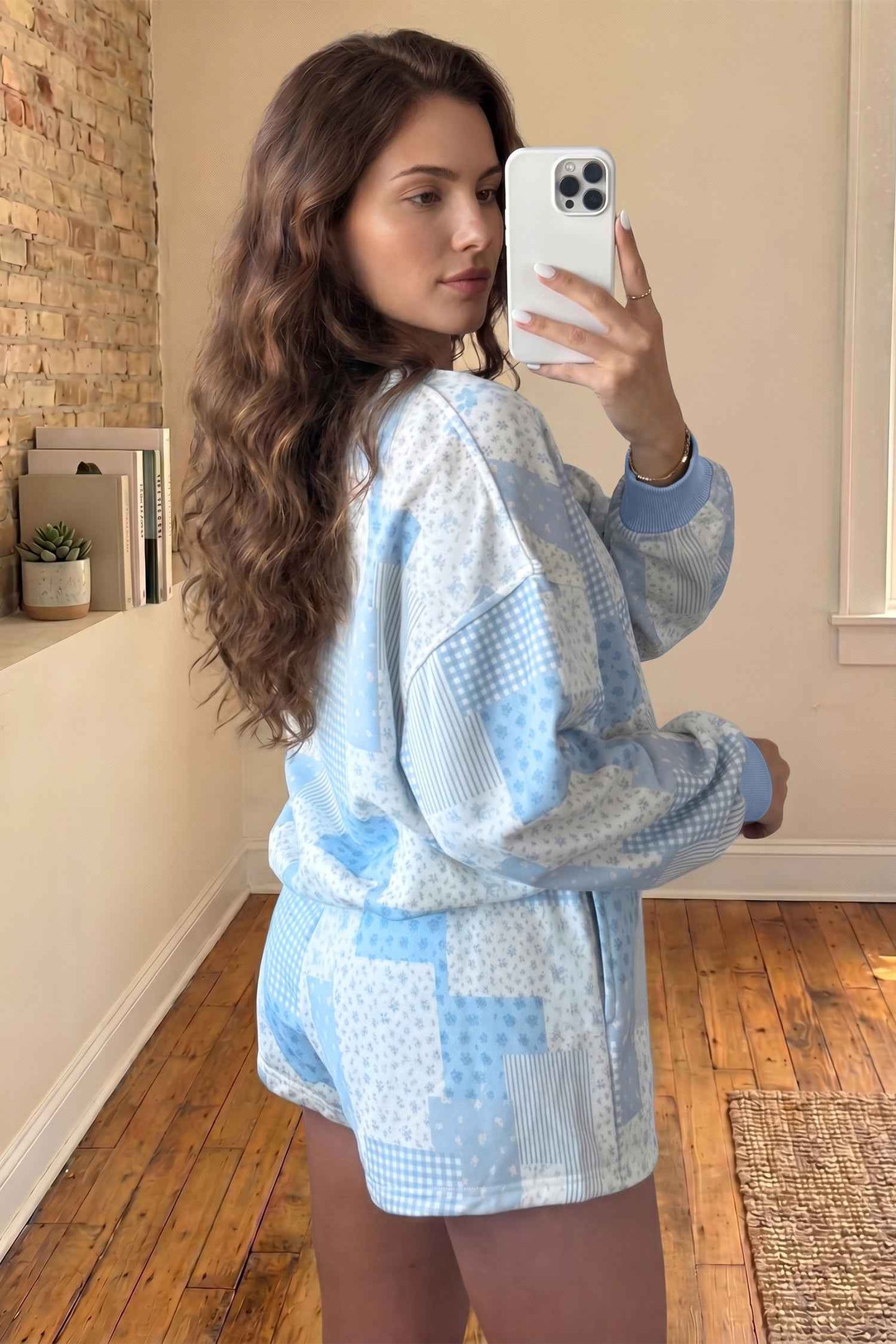 Sky Blue Patchwork Floral Print Drop Shoulder Baggy Pullover Drawstring Shorts Set