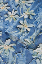 Sky Blue Checkered Floral Patchwork V Neck Blouse