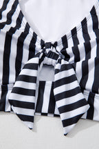 Black Stripe Plus Size Knot Cutout Ruffle Sleeve and High Waist Swimsuit Set