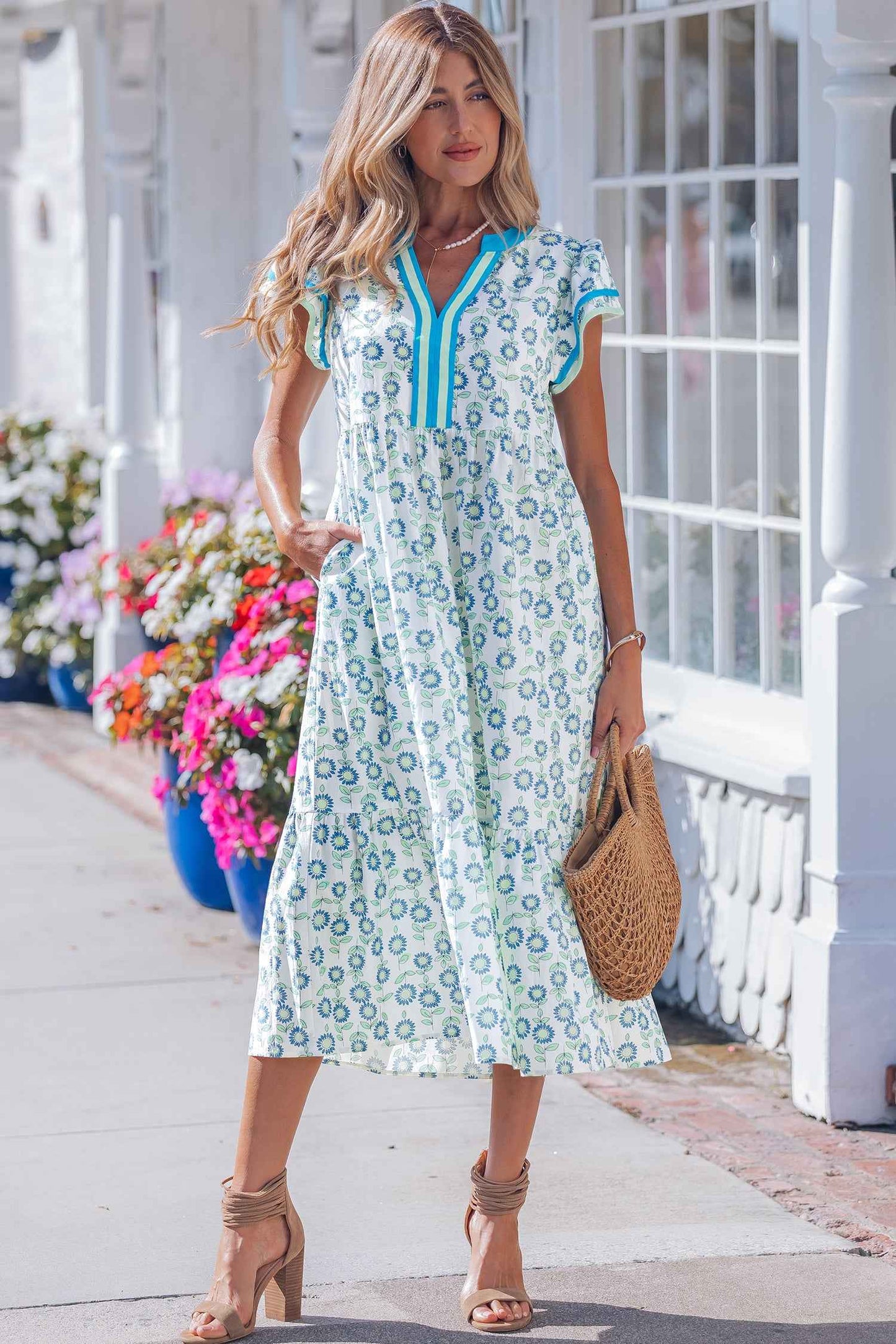 Sky Blue Cute Sunflower Printed Striped Patchwork Trim Flutter Sleeve Long Dress