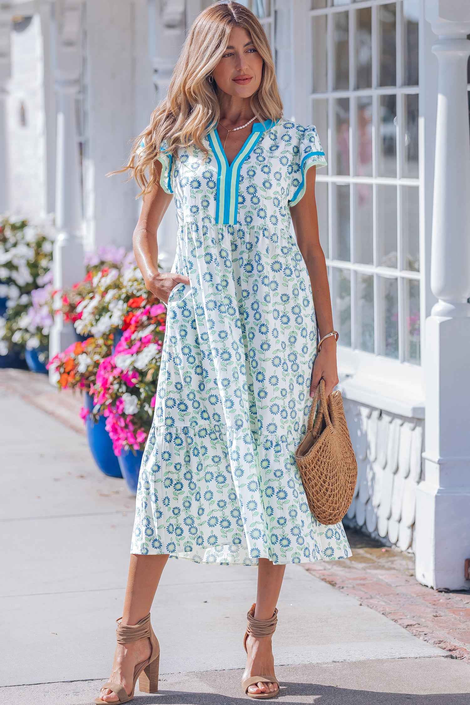 Sky Blue Cute Sunflower Printed Striped Patchwork Trim Flutter Sleeve Long Dress
