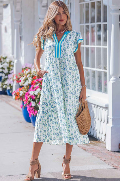 Sky Blue Cute Sunflower Printed Striped Patchwork Trim Flutter Sleeve Long Dress