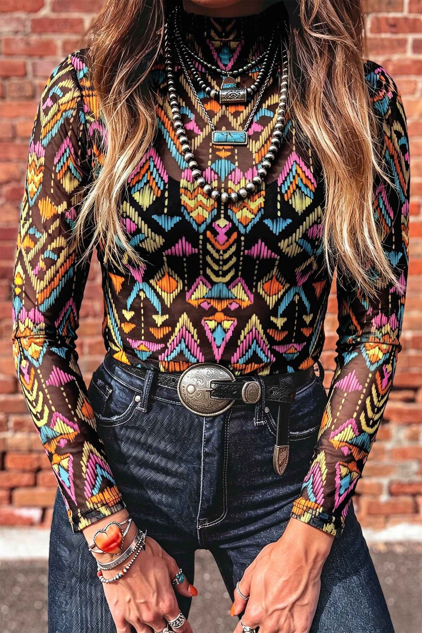 Color black Abstract Print Long Sleeve Stand Neck Mesh Top