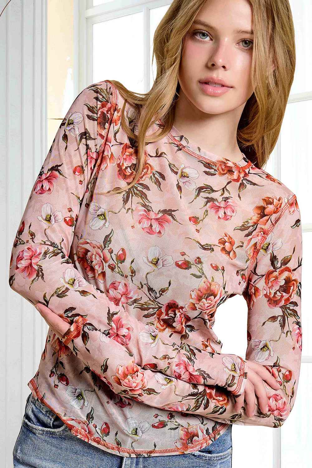 Pink Semi Sheer Crew Neck Long Sleeve Mesh Layering Top