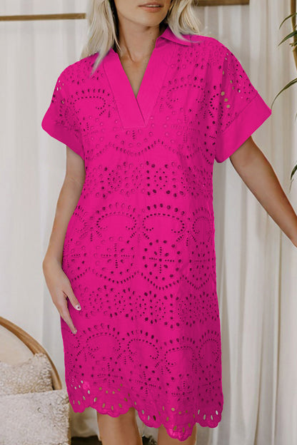 White Solid Color Eyelet Embroidered T Shirt Mini Dress