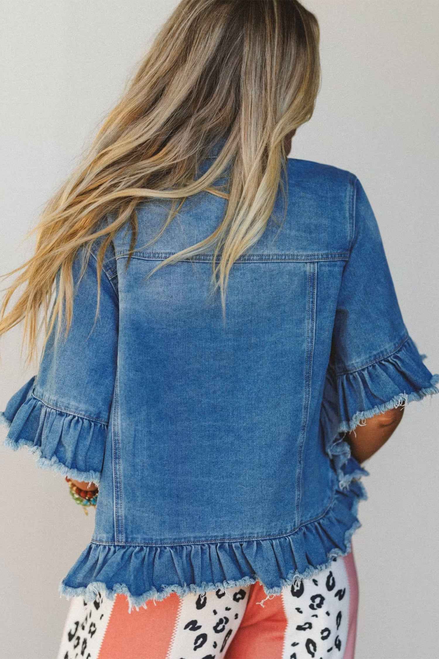 Blue Ruffle Hem Raw Edge Half Sleeve Western Denim Jacket