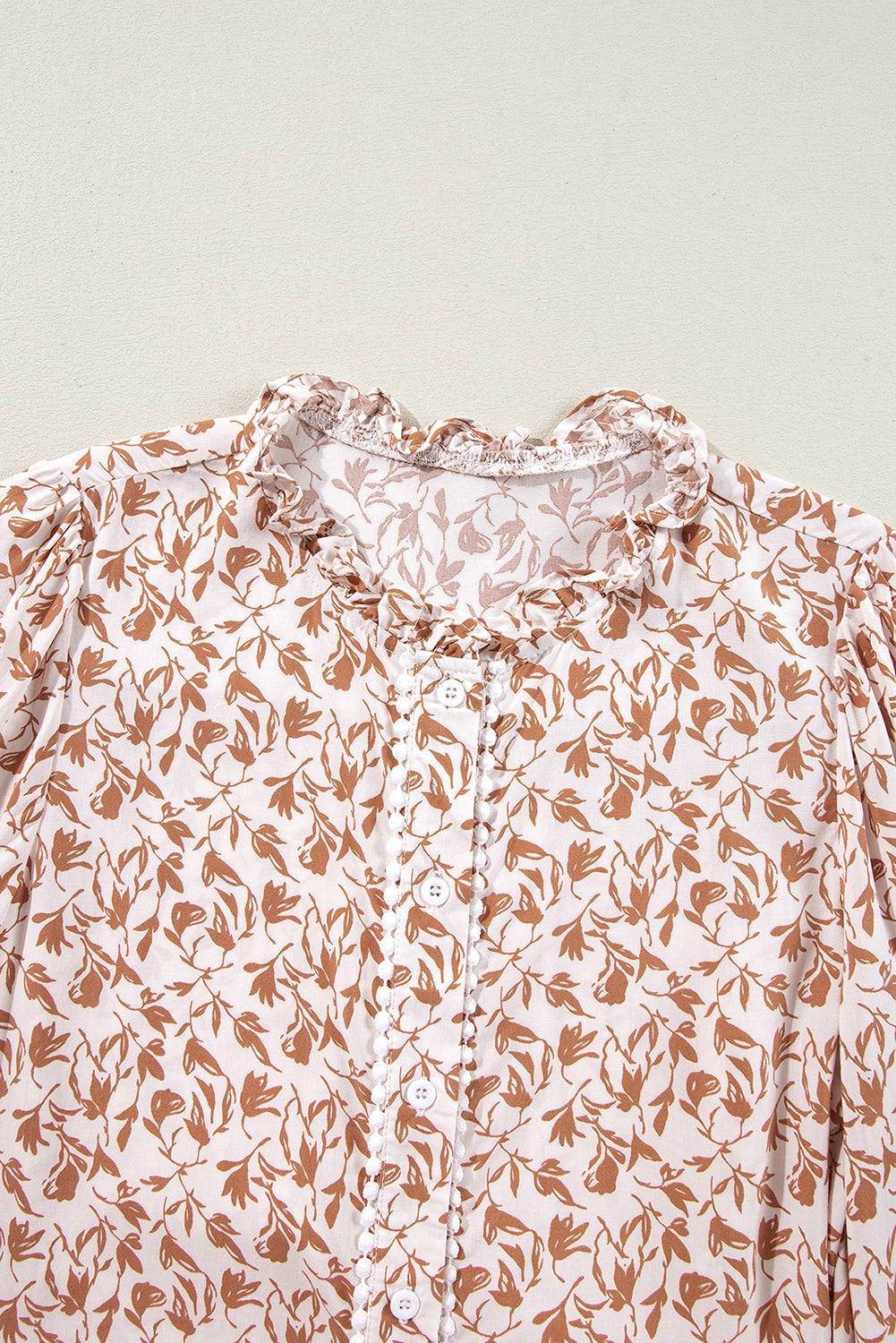 Blue Floral Print Lace Detail Puff Sleeve Shirt