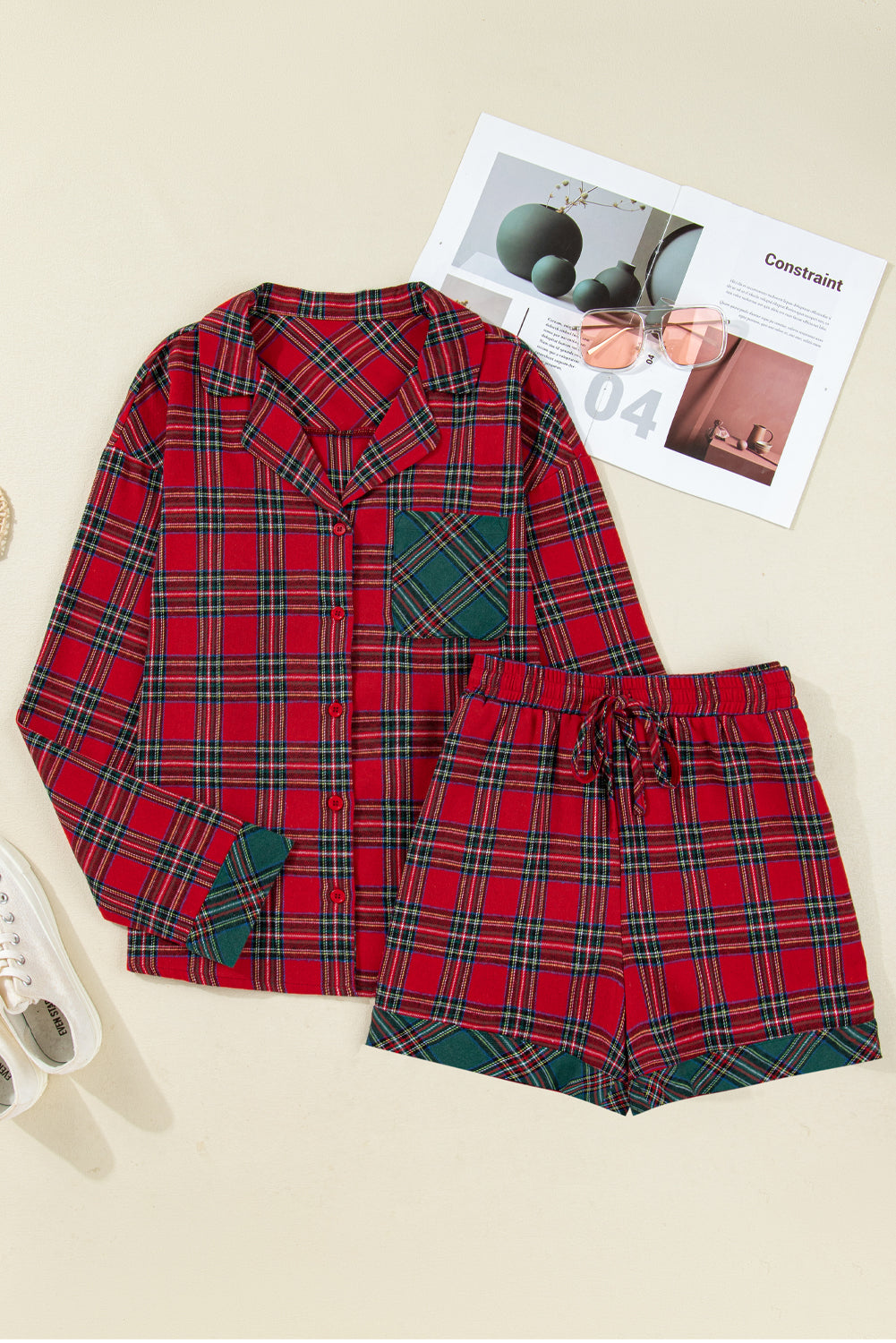 Green Plaid Christmas Holiday Patchwork Long Sleeve Shirt and Shorts Pajama Set