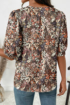 Apricot Floral Print Half Button Puff Sleeve Blouse