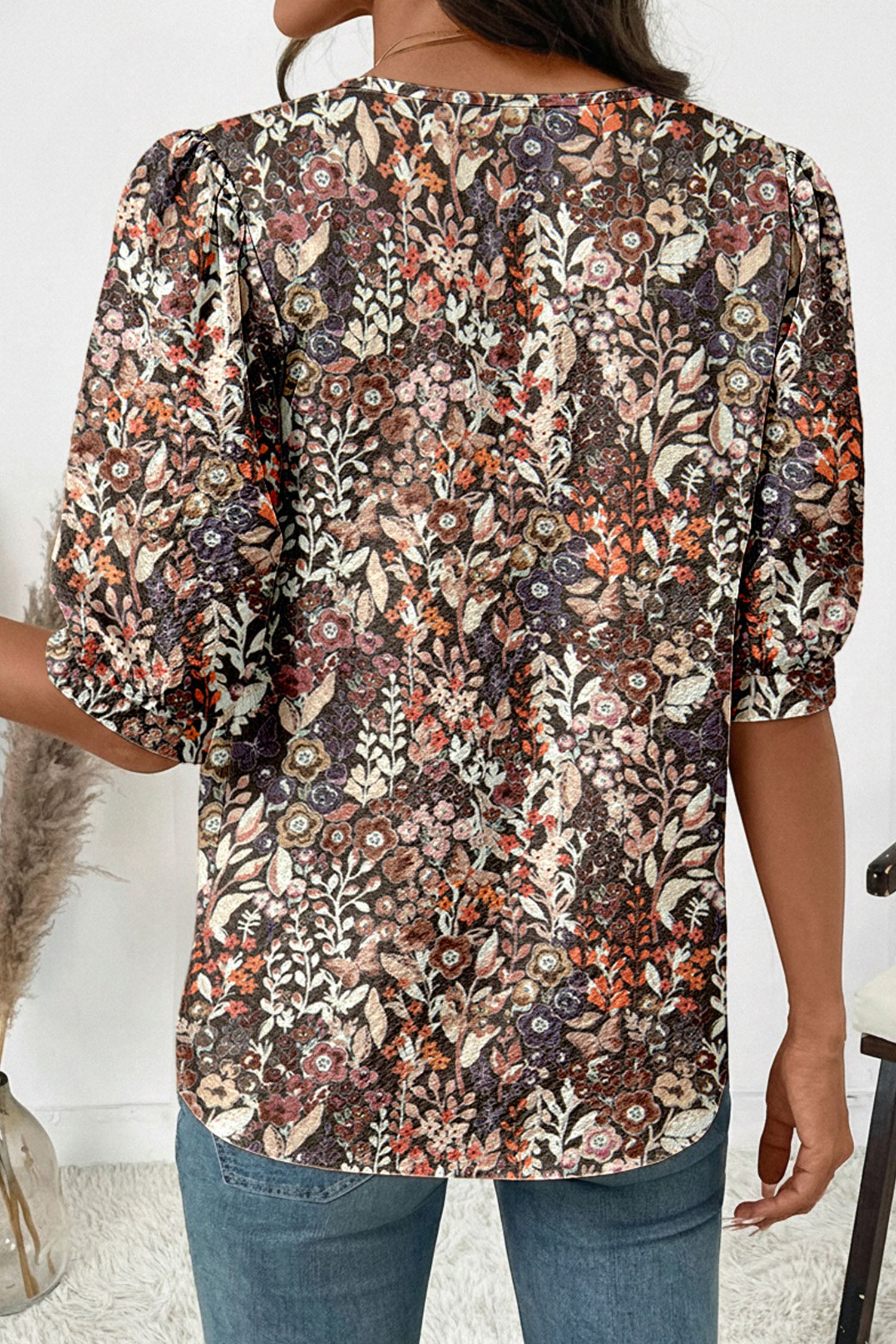 Apricot Floral Print Half Button Puff Sleeve Blouse