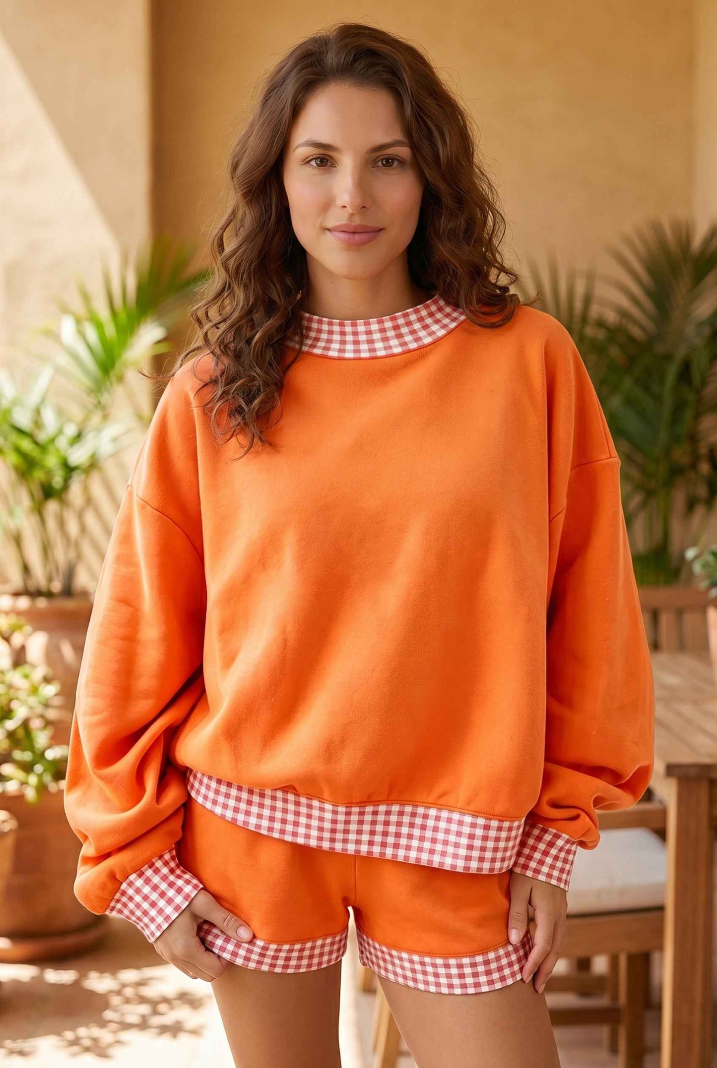 Carrot Gingham Trim Baggy Pullover 2pcs Short Set