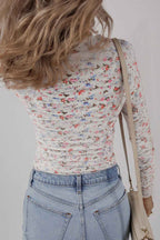 White Floral Print Slim Fit Square Neck Long Sleeve Top