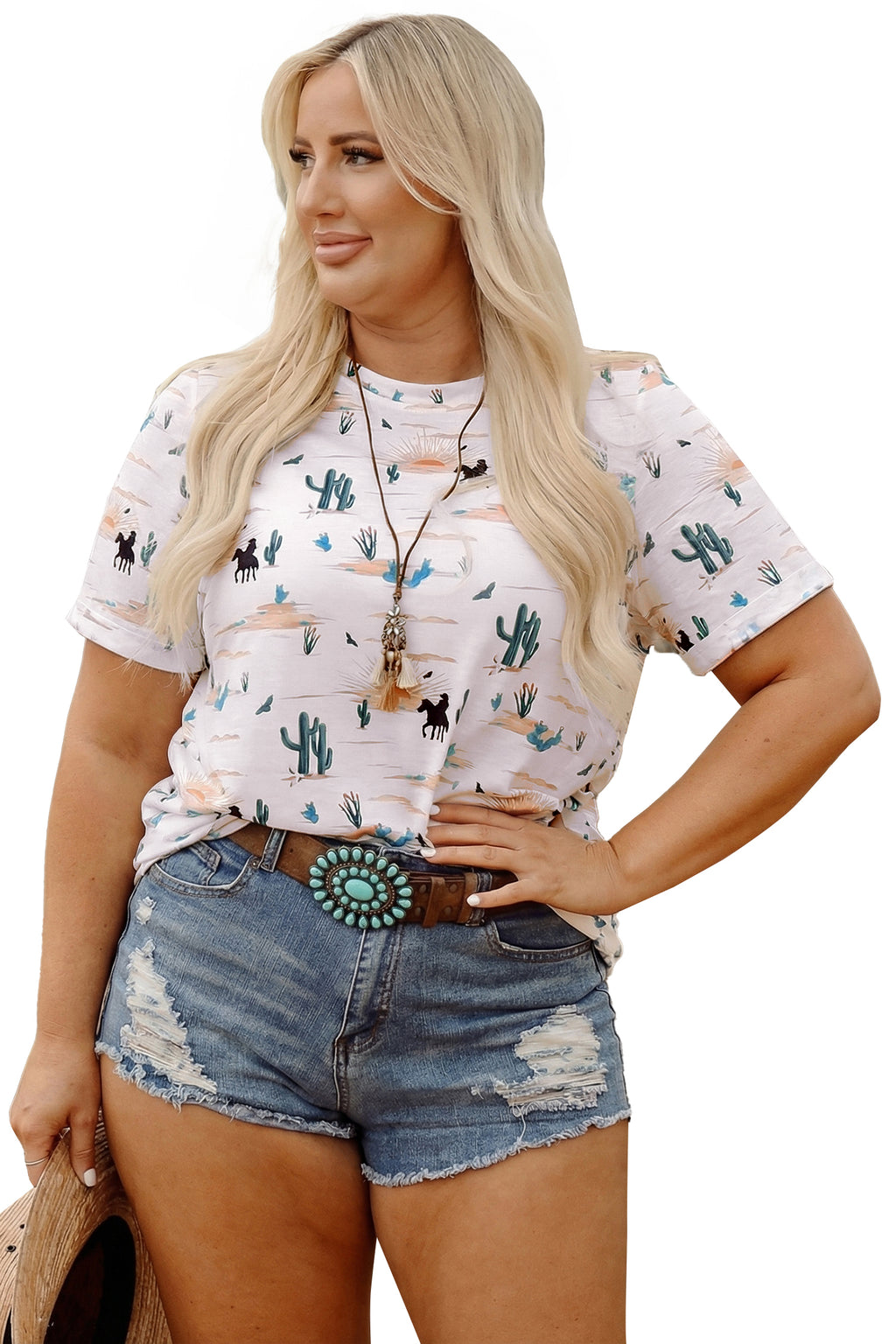 Beige Plus Size Western Print Dropped Shoulder Tee