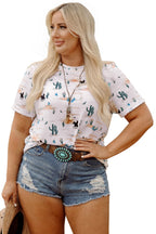 Beige Plus Size Western Print Dropped Shoulder Tee