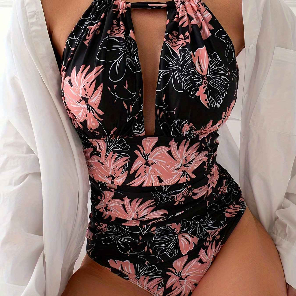 Women's Sexy Floral Print Halter Neck Tie One-Piece Swimsuit, Beachwear For Summer