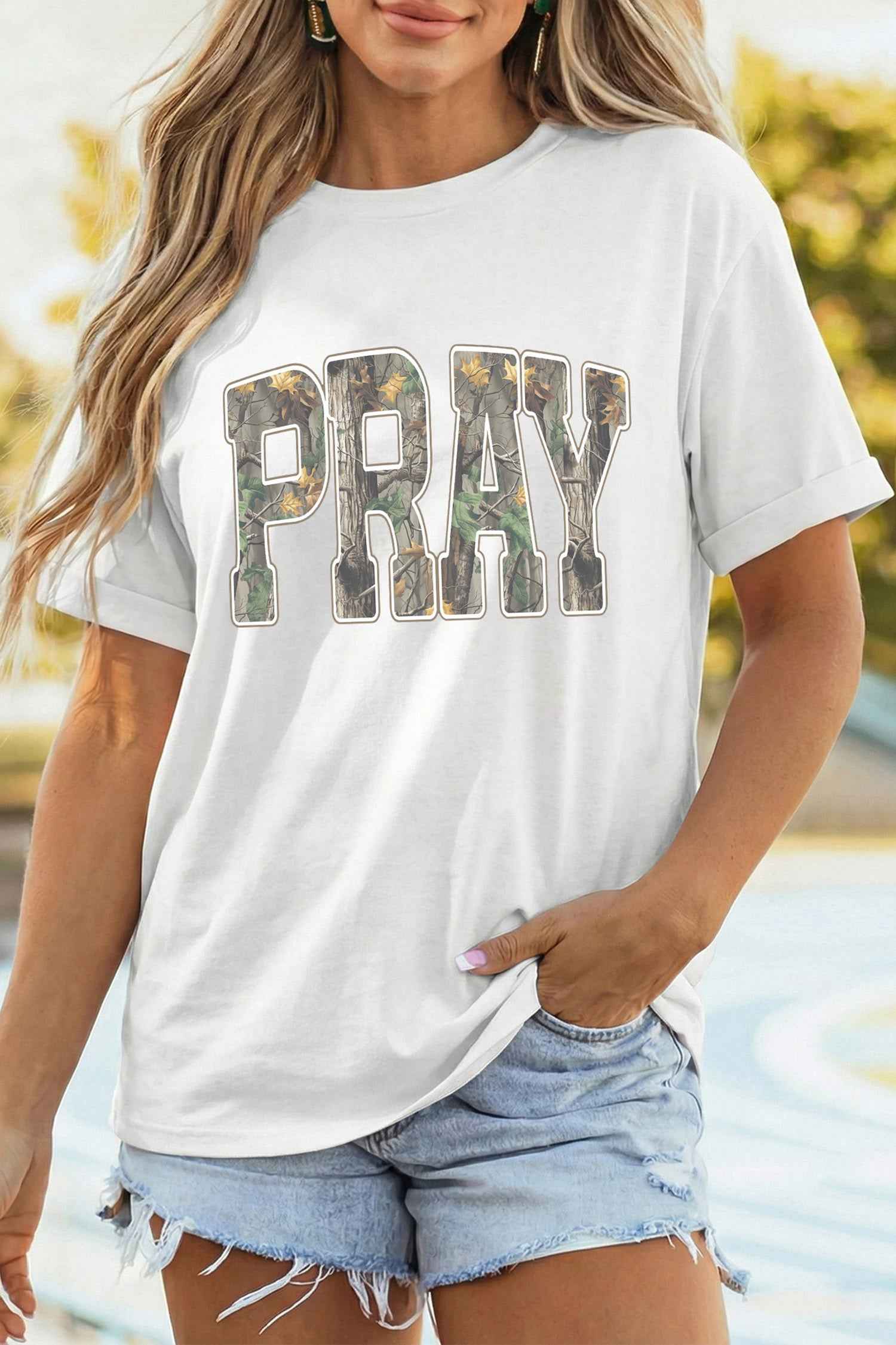 White PRAY Camo Letter Print Casual Round Neck T Shirt