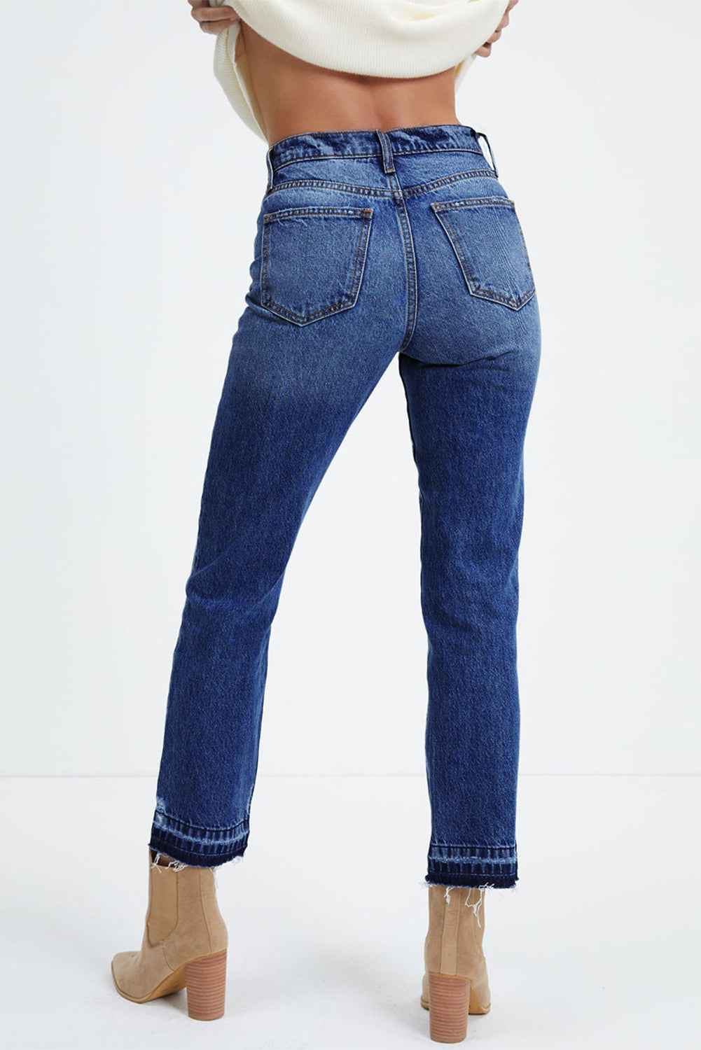 Dark Blue Whiskered Wash Raw Hem Cropped Jeans
