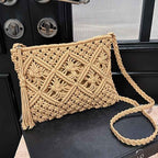 Boho Chic Handwoven Geometric Tassel Beach Tote Bag