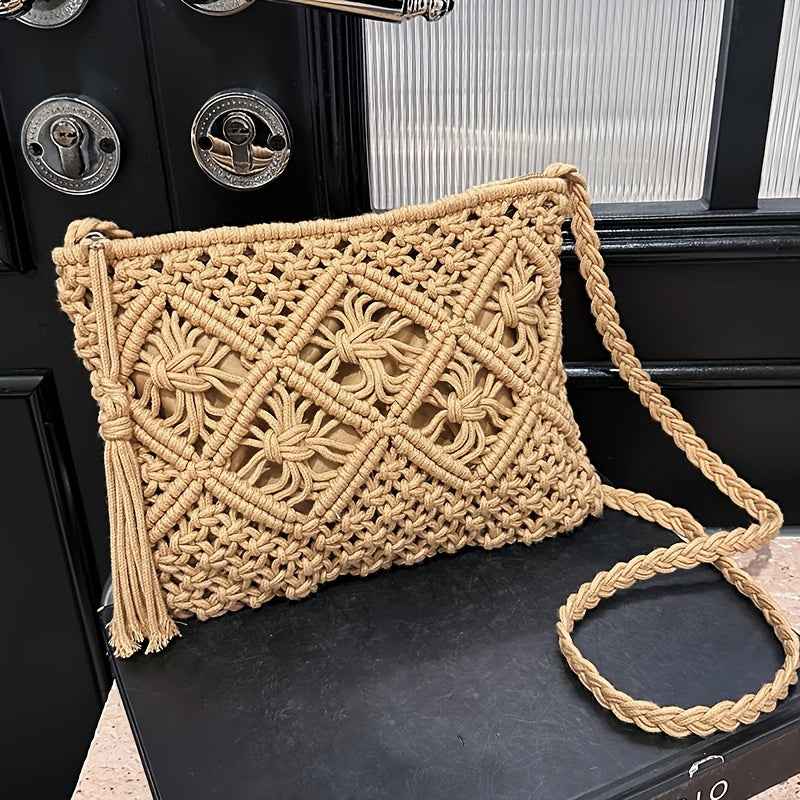 Boho Chic Handwoven Geometric Tassel Beach Tote Bag
