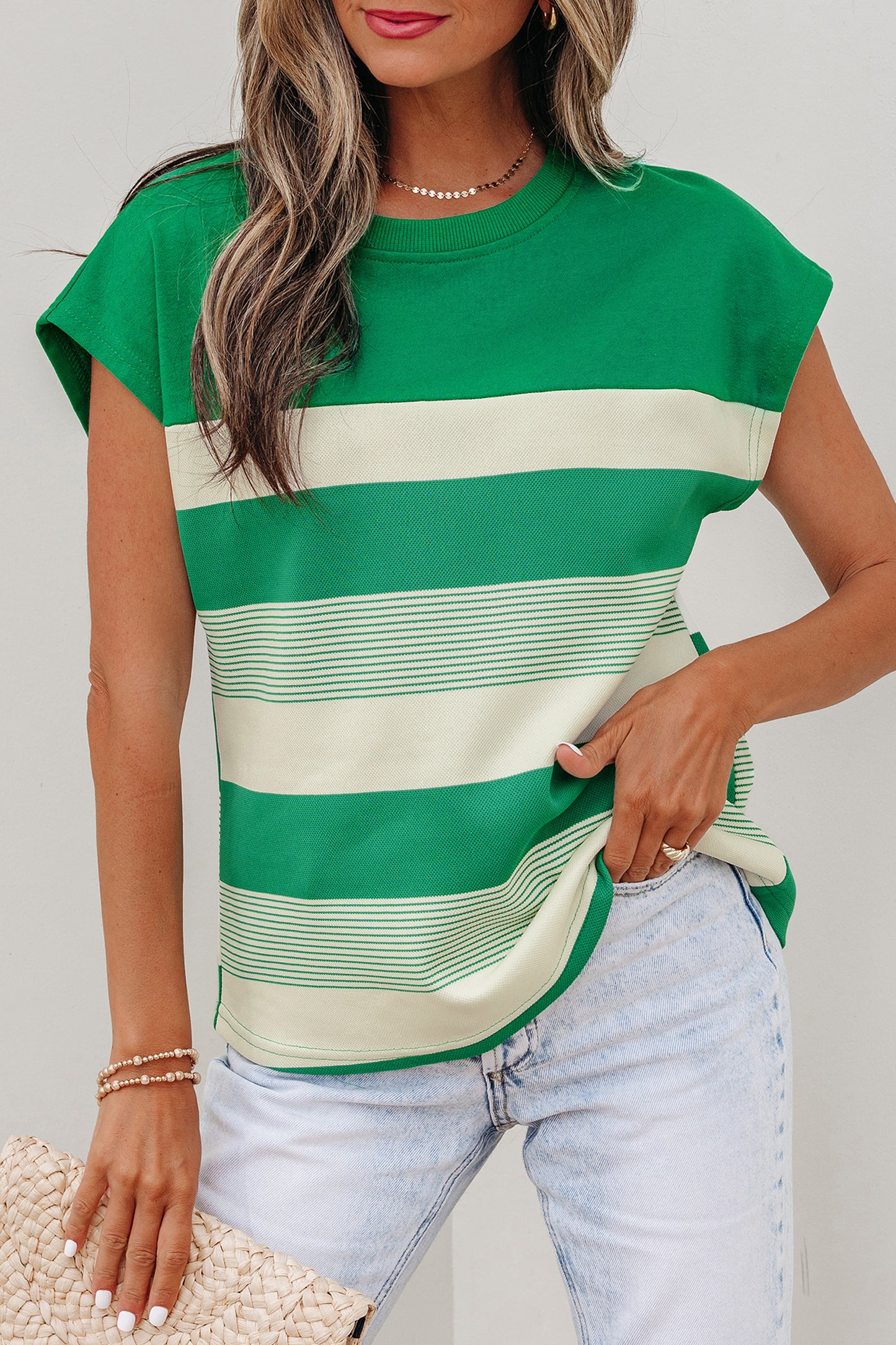 Black Stripe Mixed Print Crew Neck Cap Sleeve T Shirt