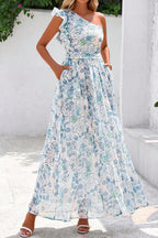 Sky Blue Floral Print Ruffled One Shoulder Vacation Maxi Dress