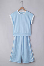 Beau Blue Textured Colorblock Edge Sleeveless Top High Waist Pants Set