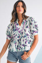Purple Floral Ricrac Trim Puff Sleeve Peplum Blouse