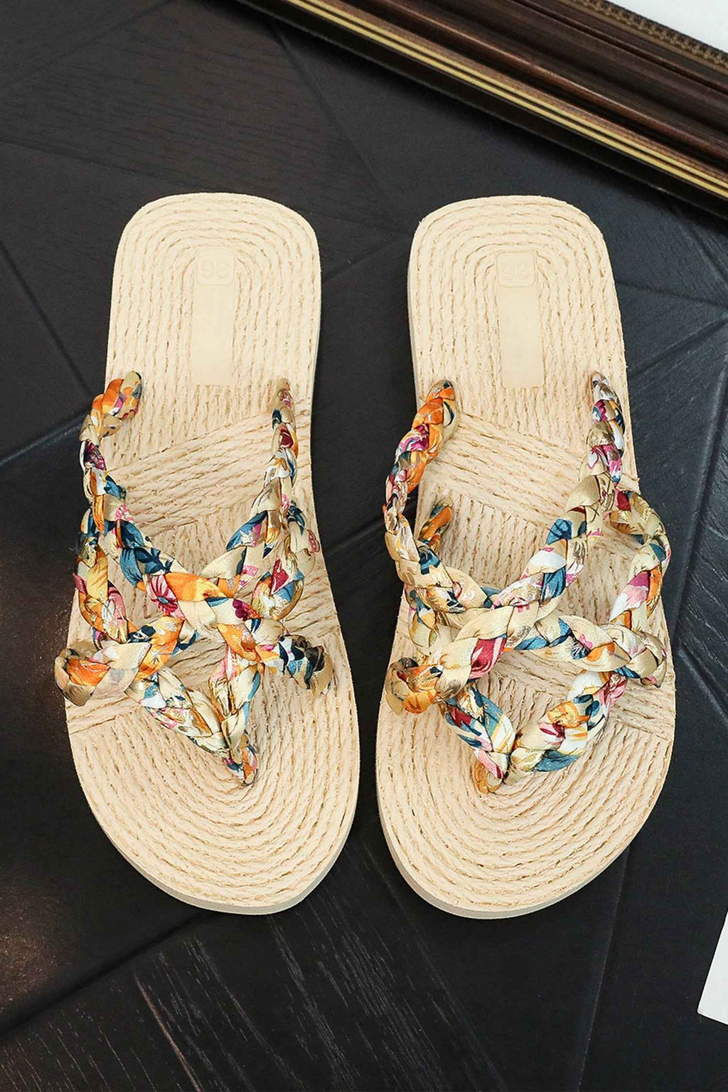 Beige Boho Printed Woven Caged Flip Flops Summer Slippers