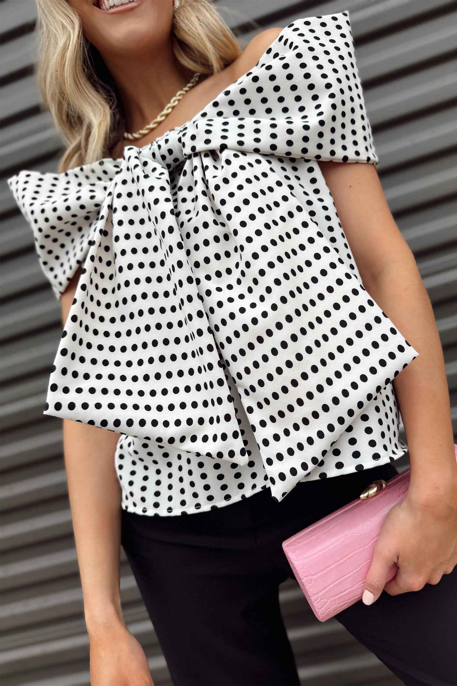 White Polka Dot Off Shoulder Bow Knot Short Sleeve Blouse