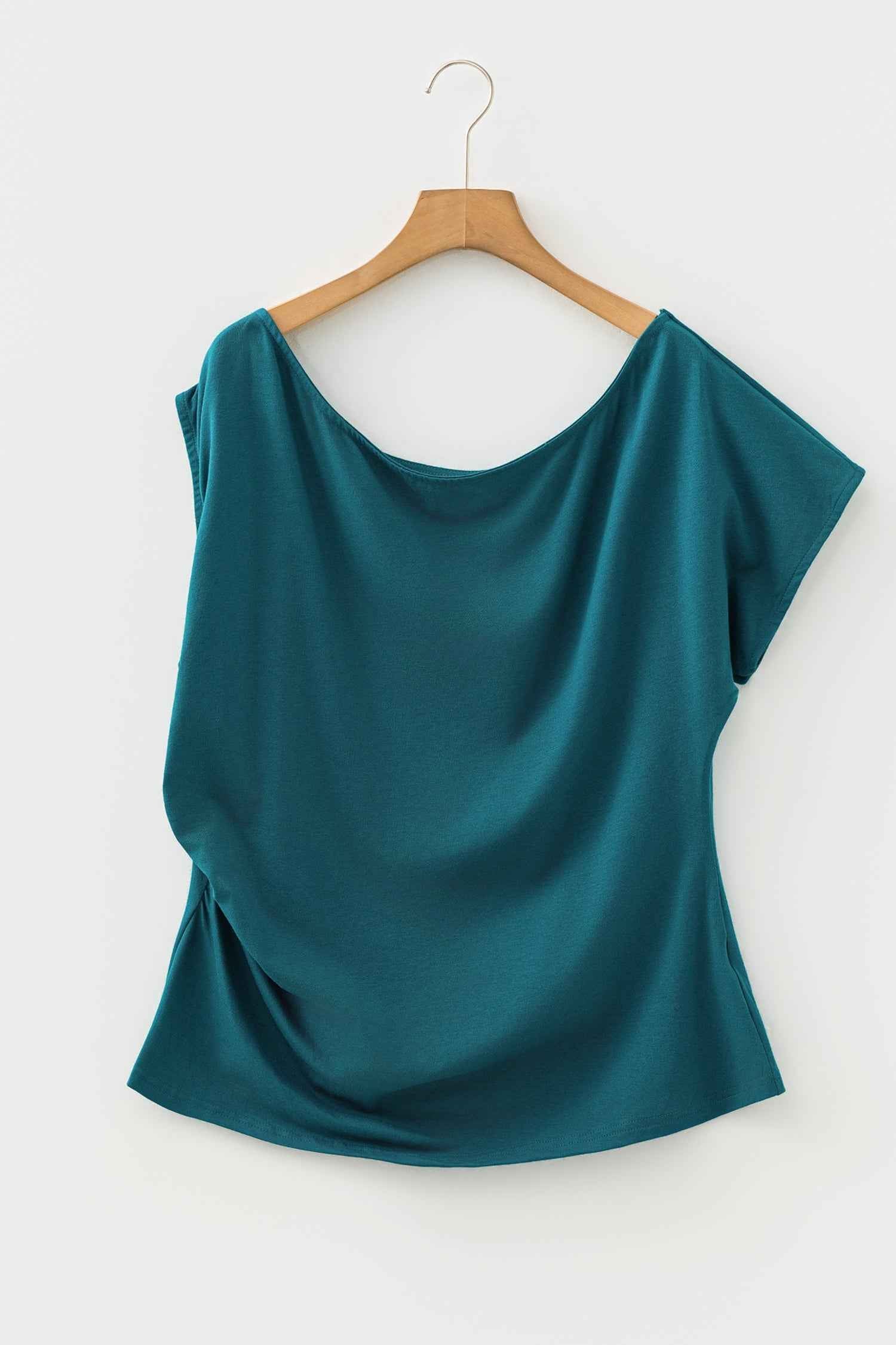 Blue Sapphire Plus Size Solid Color Asymmetric Neck Short Sleeve Blouse