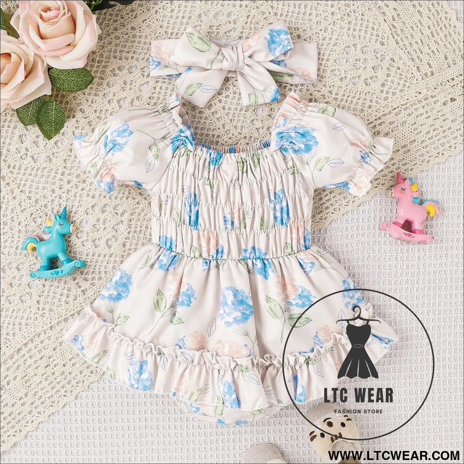 Baby and toddler two color floral skirt hem jumpsuit
