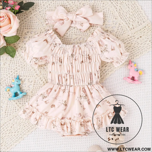 Baby and toddler two color floral skirt hem jumpsuit - apricot / 70cm