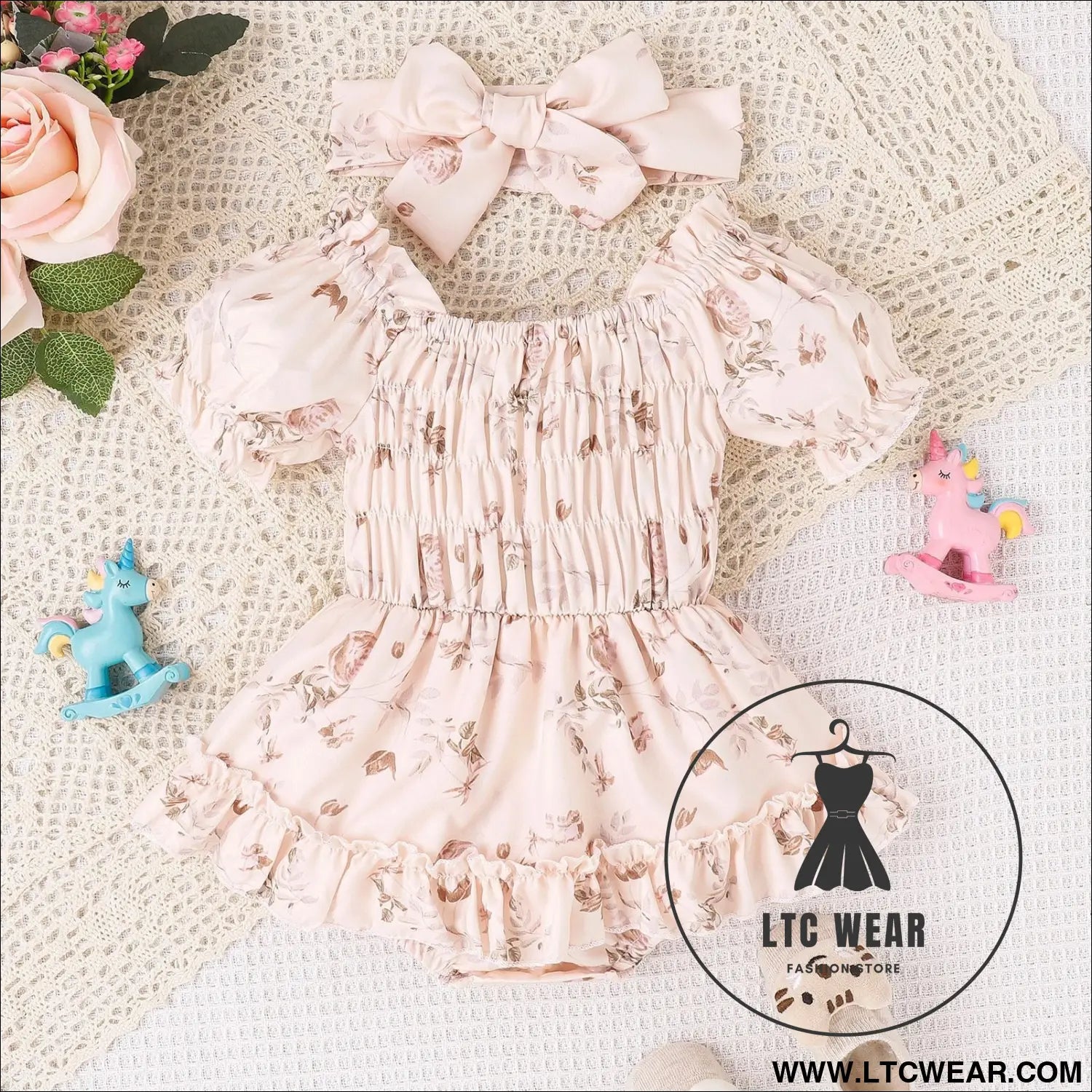 Baby and toddler two color floral skirt hem jumpsuit - apricot / 70cm
