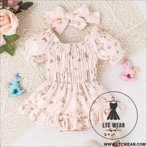 Baby and toddler two color floral skirt hem jumpsuit - apricot / 70cm