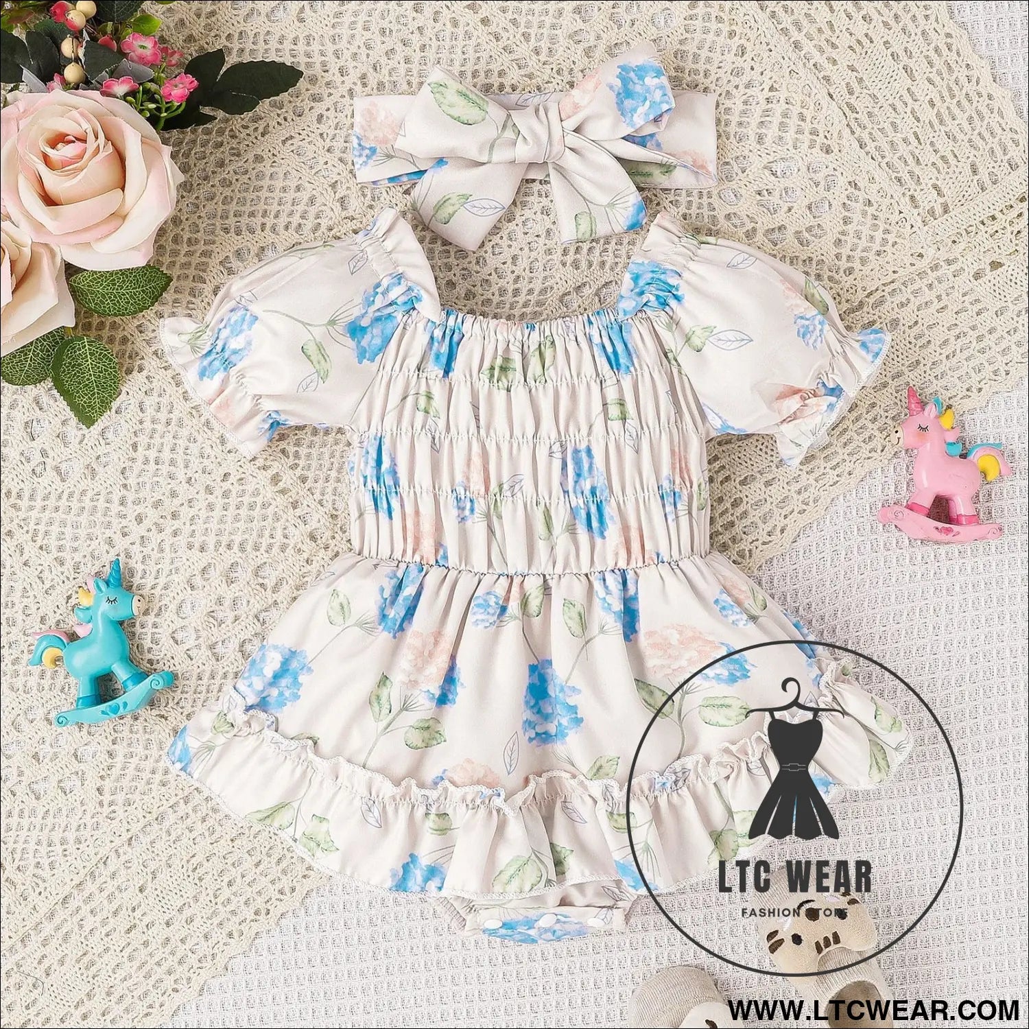 Baby and toddler two color floral skirt hem jumpsuit - blue / 70cm