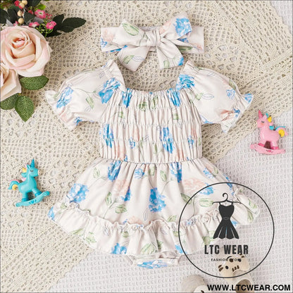 Baby and toddler two color floral skirt hem jumpsuit - blue / 70cm