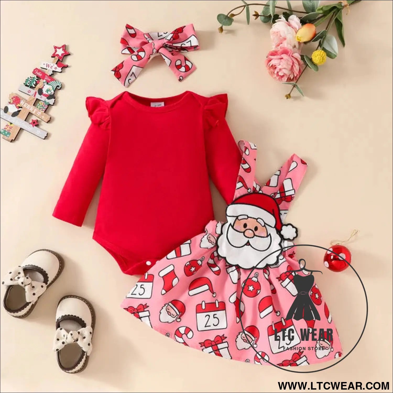 Baby christmas long sleeved top suspender skirt set christmas grandpa jumpsuit + solid color hoodie - red / 0-3m