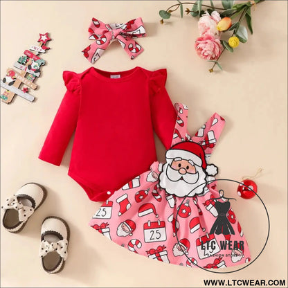 Baby christmas long sleeved top suspender skirt set christmas grandpa jumpsuit + solid color hoodie - red / 0-3m