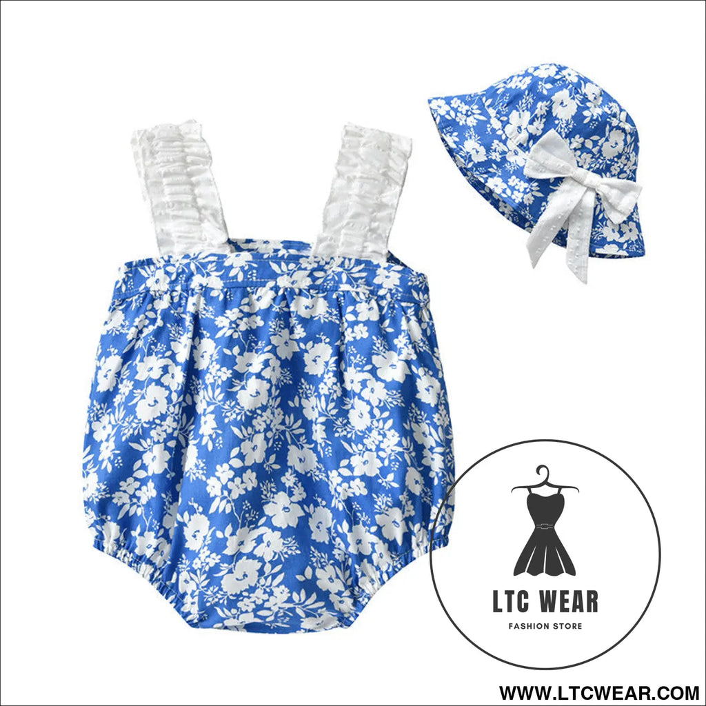 Baby clothes summer girl baby blue and white porcelain print sling one-piece romper girl bow triangle bag fart - 59cm