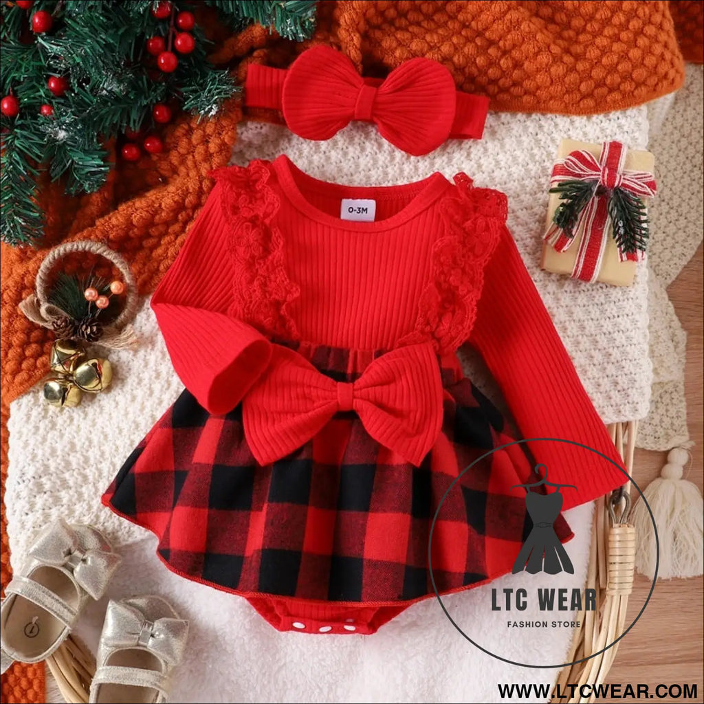 Baby girl christmas style pit stripe splicing lace plaid triangle bag fart jacket set